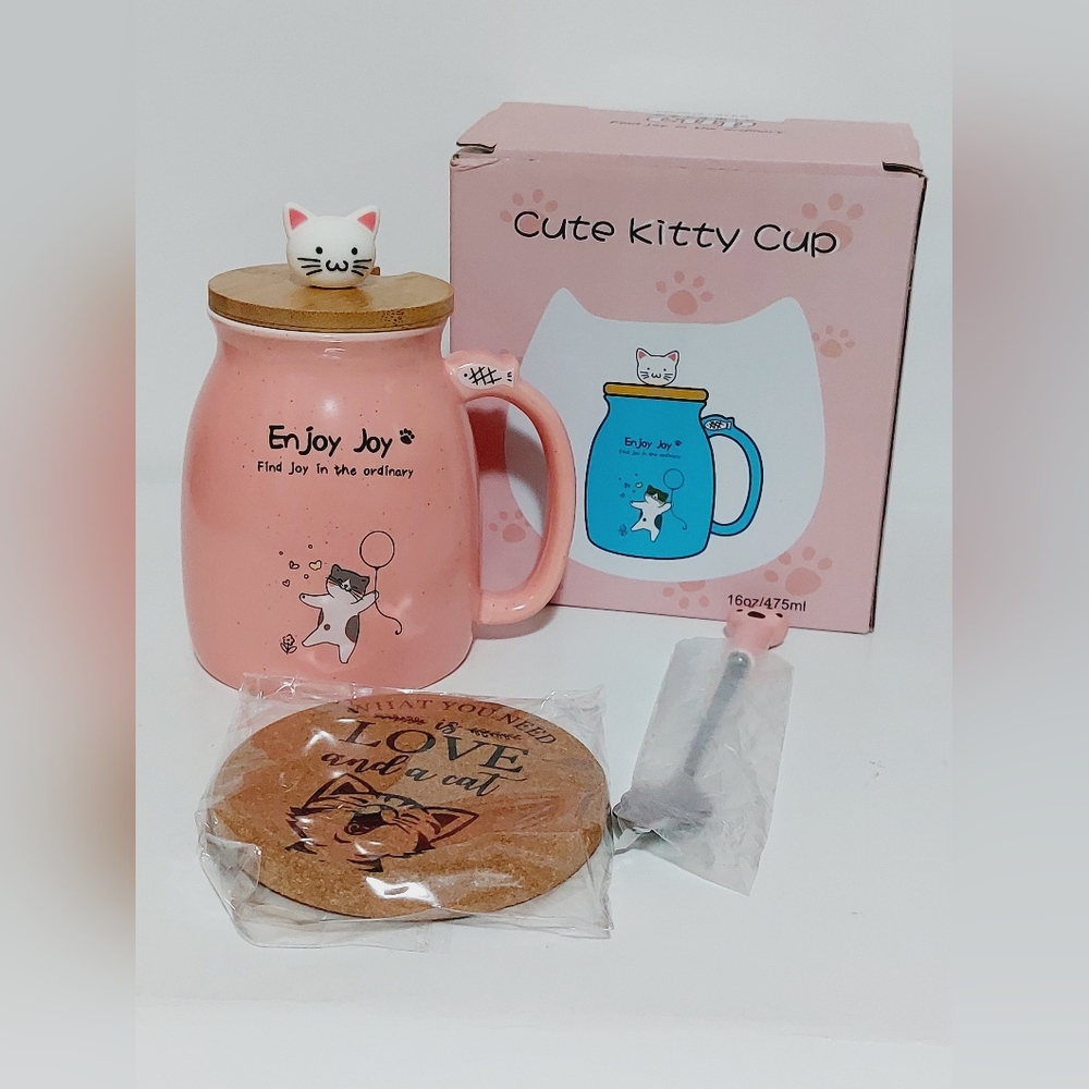 Cute 16 oz Pink Kitty Mug Set - Cat Paw Spoon - Coaster - Cat Head Lid -